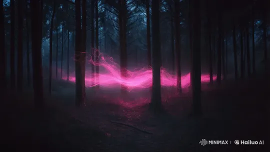 Enchanted Magenta Wisps Illuminate Nocturnal Pine Forest – AI Generated Video | Hailuo AI