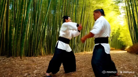 Martial Artists Clash in Bamboo Forest's Golden Light – AI Generated Video | Hailuo AI