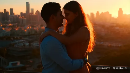 Romantic Embrace in Sunlit Cityscape – AI Generated Video | Hailuo AI