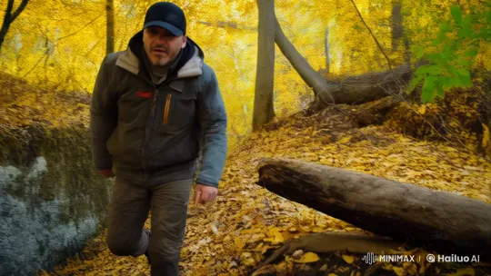 Autumn Adventure: Man Navigates Rugged Forest Trail – AI Generated Video | Hailuo AI