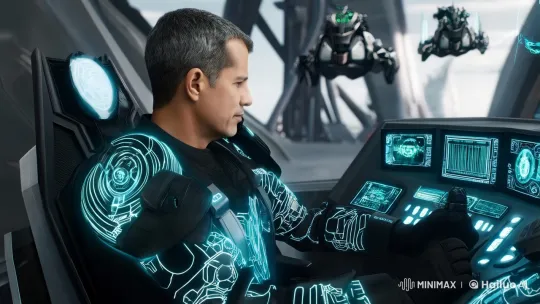 Futuristic Pilot in Robotic Armor Command Center – AI Generated Video | Hailuo AI