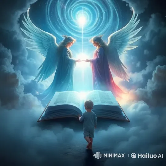 Radiant Child and Sacred Book Amidst Cosmic Angels – AI Generated Video | Hailuo AI