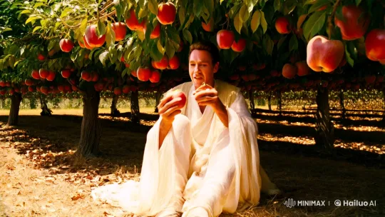Man Ascends to Heavens in Serene Apple Orchard Scene – AI Generated Video | Hailuo AI