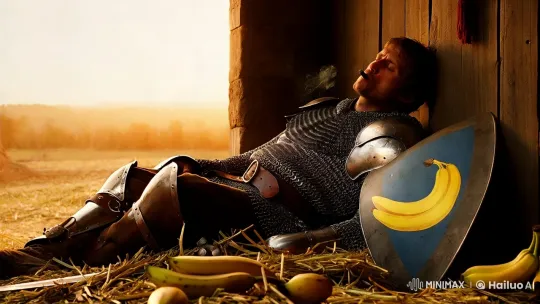 Medieval Knight Rests in Rustic Stable with Unusual Emblem – AI Generated Video | Hailuo AI