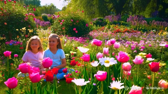 Aesthetic Garden Scene with Children and Flowers – AI Generated Video | Hailuo AI