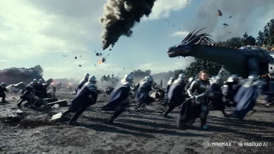 Female Knight Charges Dragon Amidst Chaotic Battlefield – AI Generated Video | Hailuo AI
