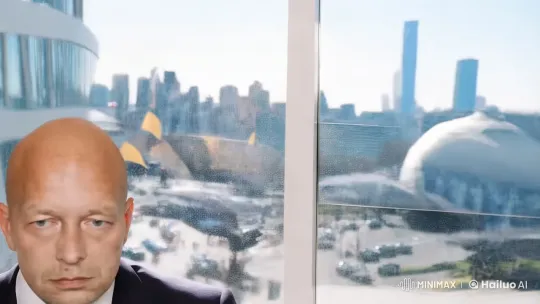 Introspective Man in Bustling City Through Glass Office – AI Generated Video | Hailuo AI