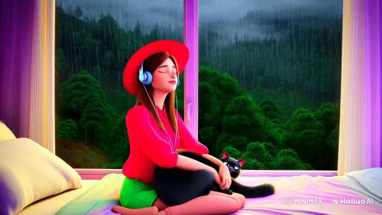 Introspective Teen in Colorful Sanctuary Amidst Rainy Forest – AI Generated Video | Hailuo AI