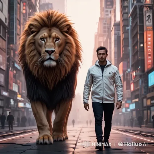 Future City Walk: Man and Lion in Live2D Harmony – AI Generated Video | Hailuo AI
