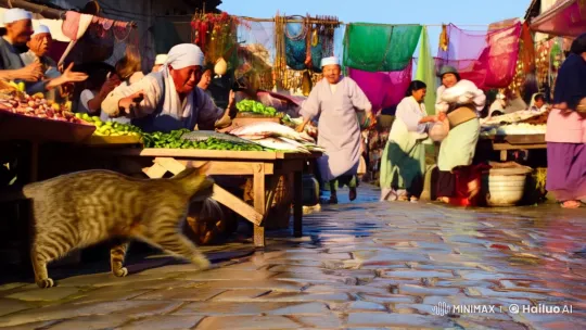 Feline Agility Amidst Bustling Fish Market – AI Generated Video | Hailuo AI