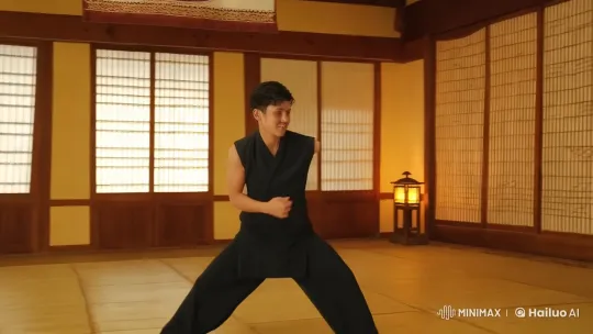 Young Kungfu Practitioner Showcases Skills in Traditional Dojo – AI Generated Video | Hailuo AI