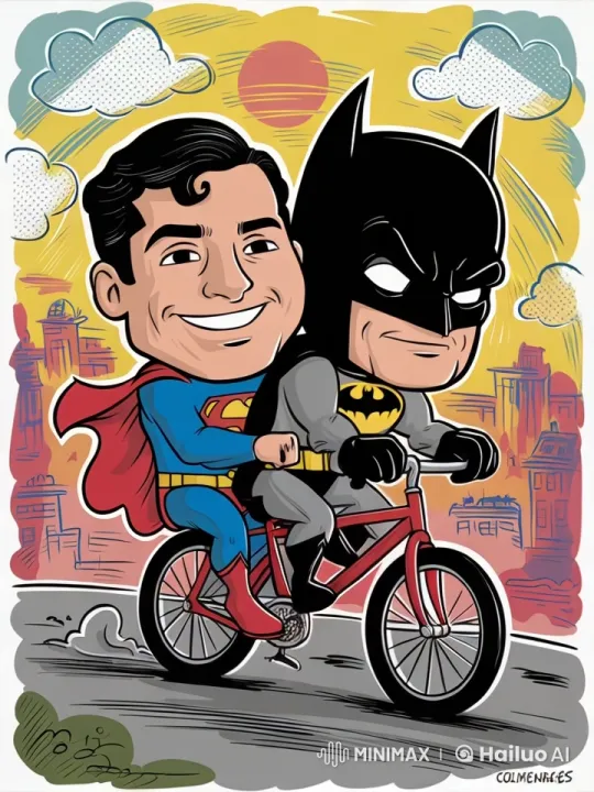 Batman Bicycles with Superman in Whimsical Animated Scene – AI Generated Video | Hailuo AI