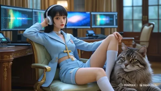 Young Woman in High-Tech Room with Cat – AI Generated Video | Hailuo AI