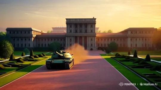 Tank Advances on Sunlit Independence Palace – AI Generated Video | Hailuo AI