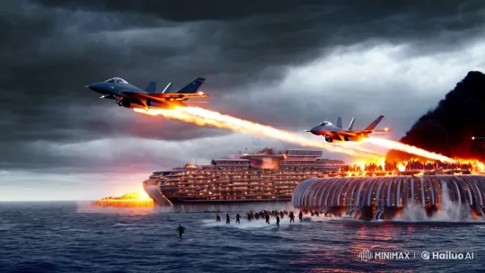 Fighter Jets Attack Floating Shopping Malls in Stormy Skies – AI Generated Video | Hailuo AI