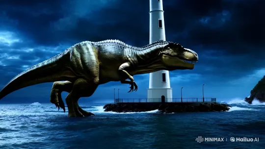 Dinosaur Charges Lighthouse in Stormy Night – AI Generated Video | Hailuo AI