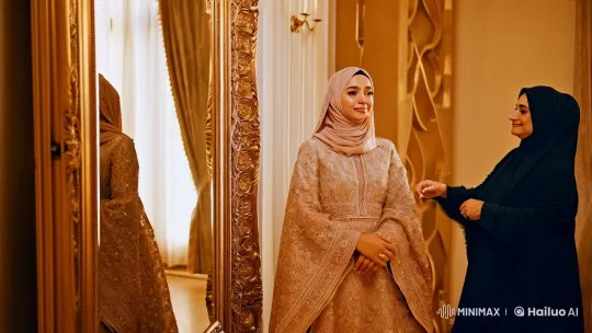 Aliyah's Graceful Reflection in Ornate Jilbab Ceremony – AI Generated Video | Hailuo AI