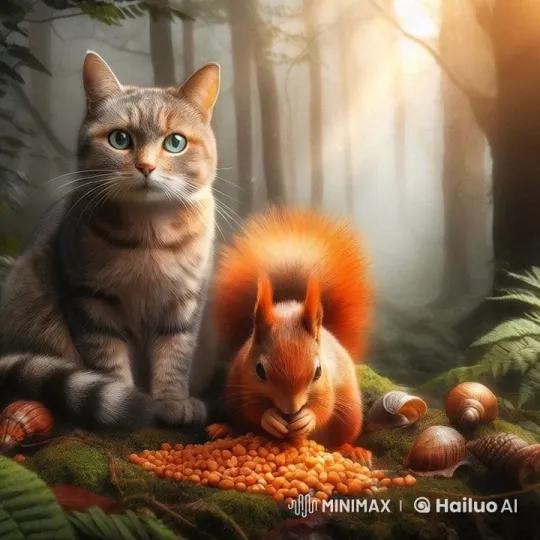 Peaceful Forest Feast: Cat and Squirrel Enjoying Grains – AI Generated Video | Hailuo AI