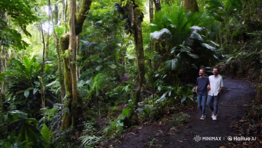 Friends Stroll Through Lush Rainforest in Aesthetic Video – AI Generated Video | Hailuo AI