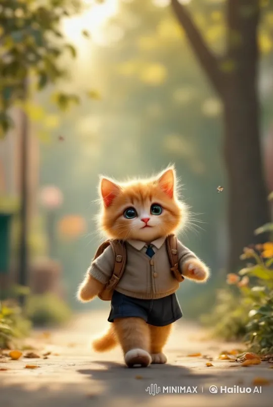 Fluffy Cat in School Uniform Enjoys Sunny Walk to School – AI Generated Video | Hailuo AI