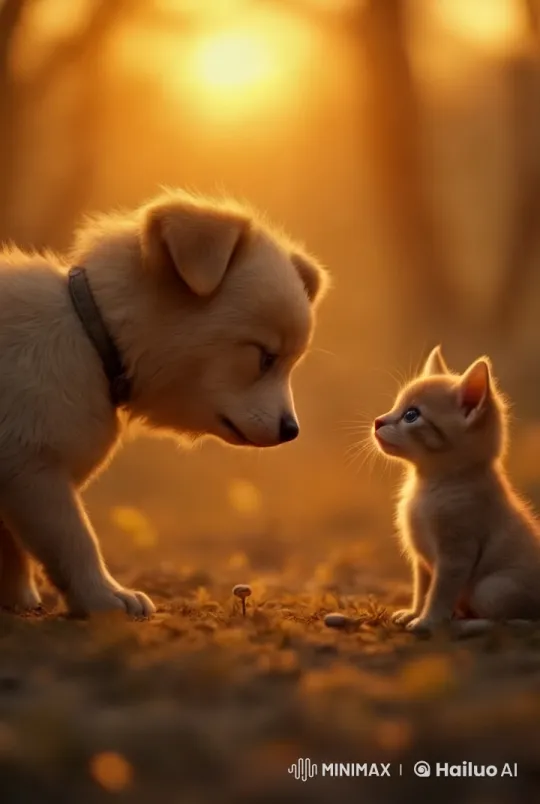 Puppy and Kitten's Tender Moment in the Forest – AI Generated Video | Hailuo AI