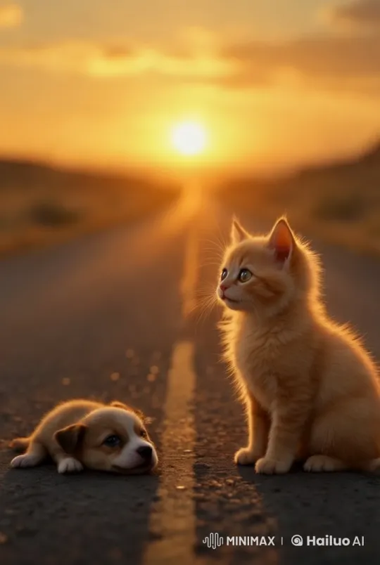 Sunset Friendship: Kitten Comforts Puppy – AI Generated Video | Hailuo AI