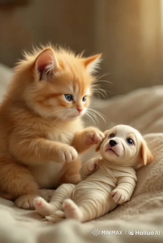 Kitten Tendersly Bandages Crying Dog – AI Generated Video | Hailuo AI