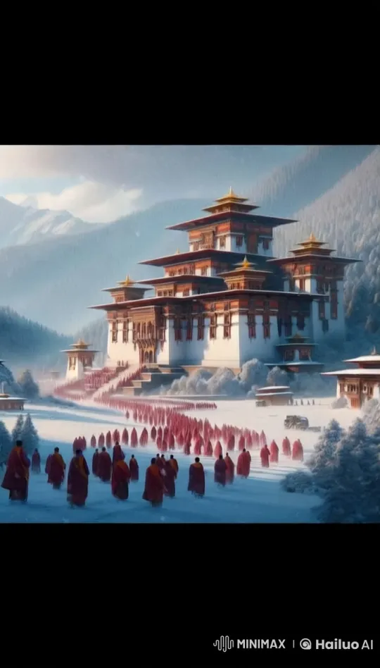 Monks Process in Snowy Mountains Towards Majestic Fortress – AI Generated Video | Hailuo AI