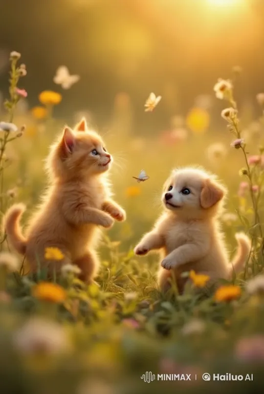 Kittens and Puppies Play in Sunlit Meadow – AI Generated Video | Hailuo AI