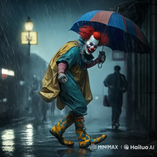 Rainy Street: Joyful Clown Dancing in the Rain – AI Generated Video | Hailuo AI