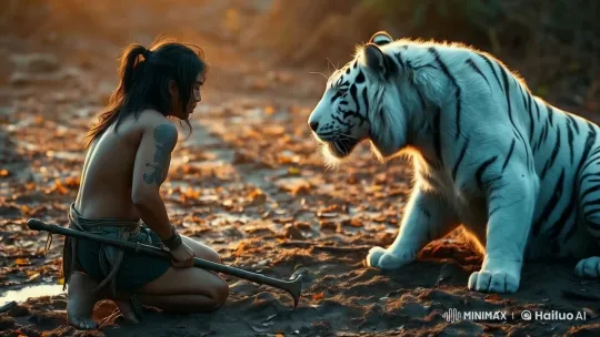 Mystical Encounter: Person and White Tiger at Dusk – AI Generated Video | Hailuo AI