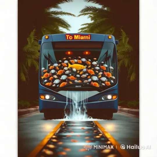 Animated Bus to Miami Filled with Fish Turns Into Aquarium – AI Generated Video | Hailuo AI