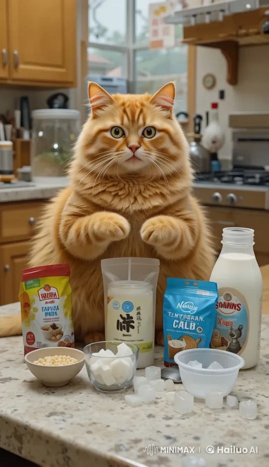 Chubby Cat Prepares Boba Tea Ingredients in Cozy Kitchen – AI Generated Video | Hailuo AI