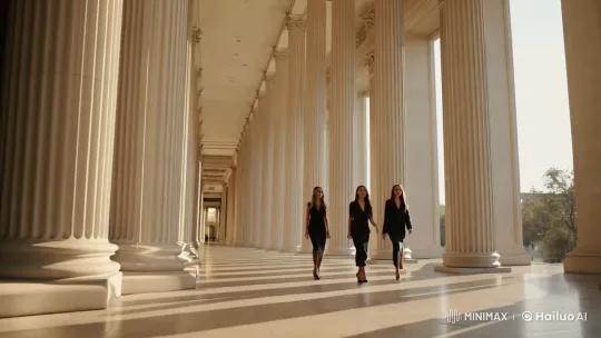 Elegant Women Advance in a Sunlit Hallway – AI Generated Video | Hailuo AI
