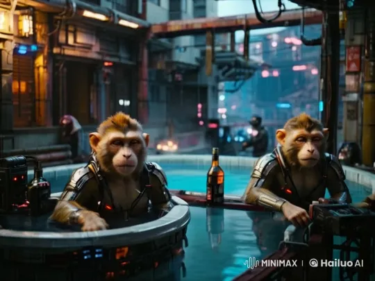 Futuristic Monkeys Relax in Neon City with Exosuits – AI Generated Video | Hailuo AI