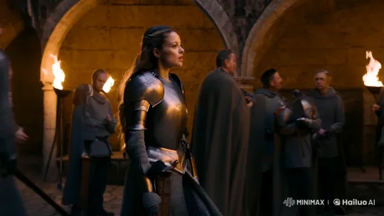 Female Knight Strides Through Medieval Castle Corridor – AI Generated Video | Hailuo AI
