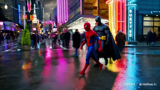 Spider-Man and Batman in Dynamic City Tracking Shot – AI Generated Video | Hailuo AI