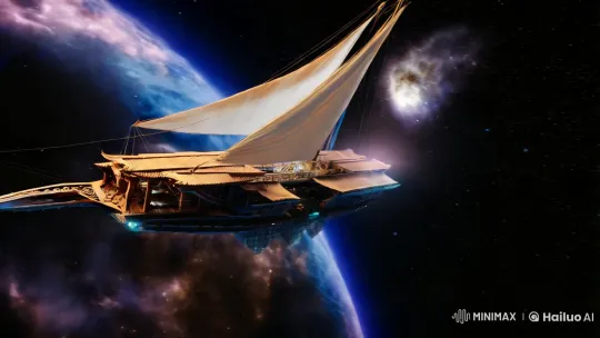 Japanese-Inspired Solar Sail Spaceship Navigates Cosmic Seas – AI Generated Video | Hailuo AI