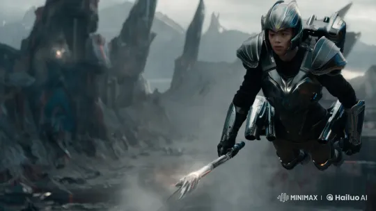 Armored Warrior Soars in Futuristic Post-Apocalyptic Cityscape – AI Generated Video | Hailuo AI