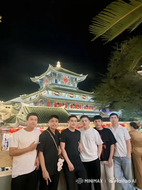 Friends Displaying Martial Arts in Front of Illuminated Temple – AI Generated Video | Hailuo AI