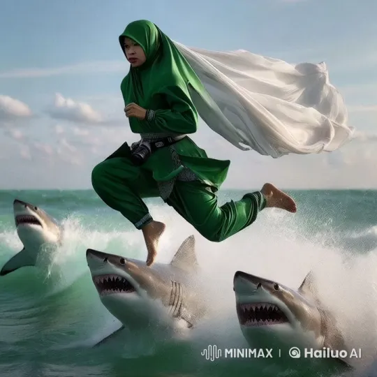 Runaway Escapes from Chasing Sharks on Sea Surface – AI Generated Video | Hailuo AI