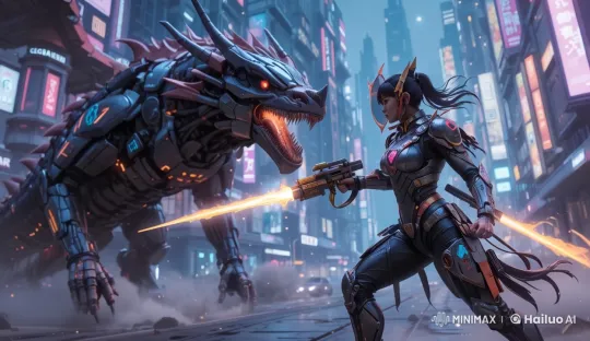 Nezha Battles a Futuristic Mechanical Dragon in Neon City – AI Generated Video | Hailuo AI