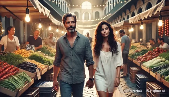 Couple Strolls Through Lively, Peaceful Market – AI Generated Video | Hailuo AI
