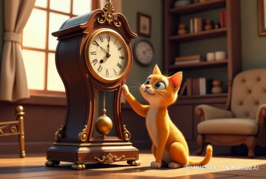 Orange Kitten Curiously Reaches for Antique Clock Pendulum – AI Generated Video | Hailuo AI