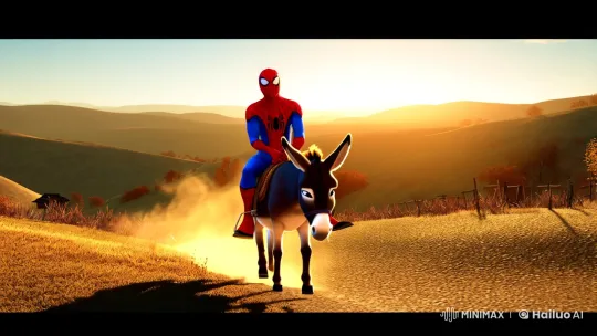 Spiderman Rides a Donkey in a Serene Landscape – AI Generated Video | Hailuo AI