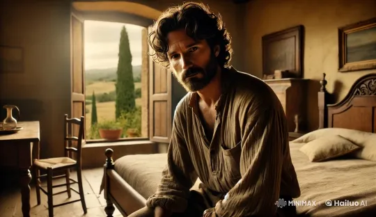 Contemplative Man in Rustic Bedroom with Countryside View – AI Generated Video | Hailuo AI