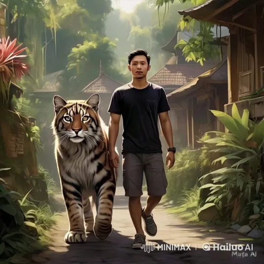 Man and Tiger Walk in Harmony Through Lush Tropical Path – AI Generated Video | Hailuo AI