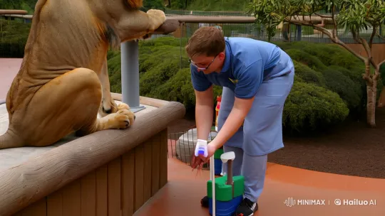 Zookeeper Feeds Lion: Pedestal Down, Tilt Up Scene – AI Generated Video | Hailuo AI