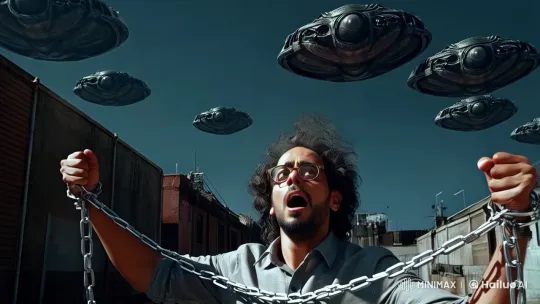 Man Gapes at Descending Alien Ships in Urban Alley – AI Generated Video | Hailuo AI