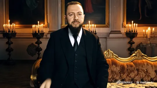Wealthy Man Amidst Cascading Cash and Dancing Silhouettes – AI Generated Video | Hailuo AI